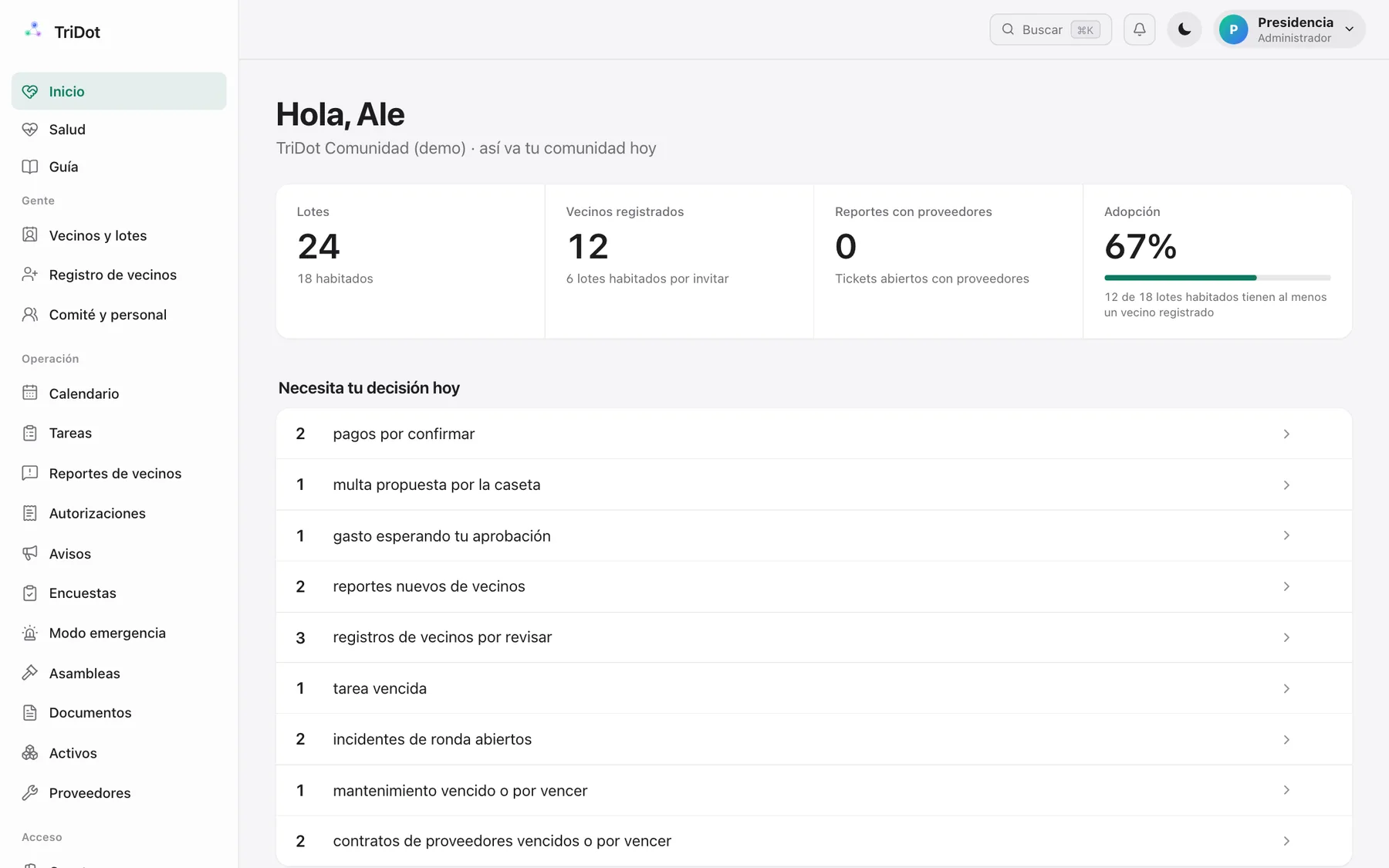 Inicio del portal de TriDot Comunidad con lo que necesita la decisión del comité hoy